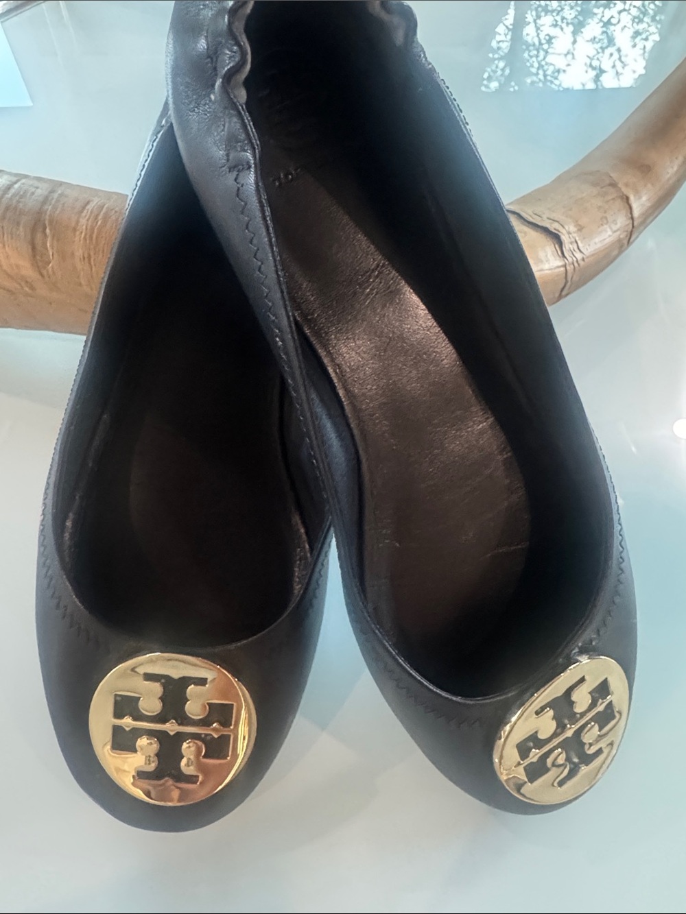 Tory Burch Black Leather Ballet Flats with Gold Logo Medallions size 9.5
